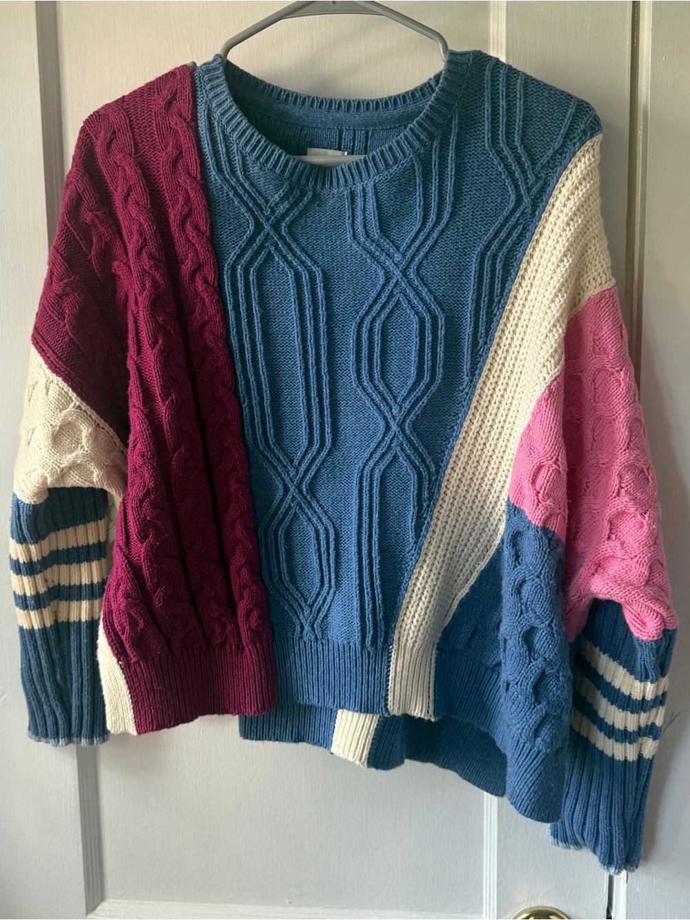 Maeve Colorblock Cable Knit Sweater - Blue, Pink, Burgundy, Cream